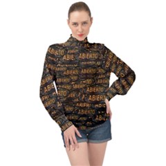 Abierto Neon Lettes Over Glass Motif Pattern High Neck Long Sleeve Chiffon Top by dflcprintsclothing