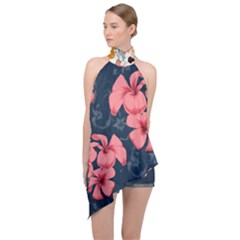 5902244 Pink Blue Illustrated Pattern Flowers Square Pillow Halter Asymmetric Satin Top by BlackRoseStore