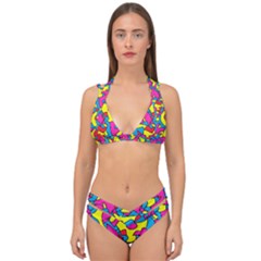 Colorful-graffiti-pattern-blue-background Double Strap Halter Bikini Set by designsbymallika