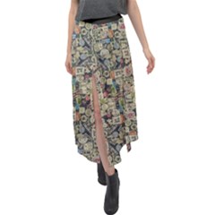 Sticker Collage Motif Pattern Black Backgrond Velour Split Maxi Skirt by dflcprintsclothing
