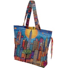City New York Nyc Skyscraper Skyline Downtown Night Business Urban Travel Landmark Building Architec Drawstring Tote Bag by Posterlux