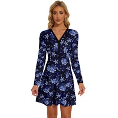 Stylized Floral Intricate Pattern Design Black Backgrond Long Sleeve Deep V Mini Dress  by dflcprintsclothing