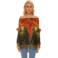 Pyramids Egypt Monument Landmark Sunrise Sunset Egyptian Off Shoulder Chiffon Pocket Shirt by Proyonanggan