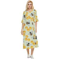 Bees Pattern Honey Bee Bug Honeycomb Honey Beehive Double Cuff Midi Dress by Bedest