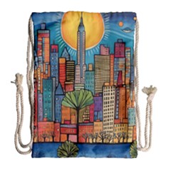 City New York Nyc Skyscraper Skyline Downtown Night Business Urban Travel Landmark Building Architec Drawstring Bag (large) by Posterlux