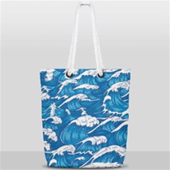 Storm Waves Seamless Pattern Raging Ocean Water Sea Wave Vintage Japanese Storms Print Illustration Full Print Rope Handle Tote (small) by Ket1n9