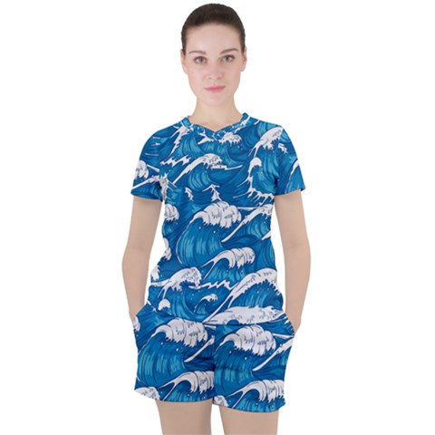 Storm Waves Seamless Pattern Raging Ocean Water Sea Wave Vintage Japanese Storms Print Illustration Women s T-shirt And Shorts Set by Ket1n9