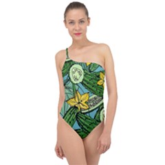 Seamless Pattern With Cucumber Slice Flower Colorful Hand Drawn Background With Vegetables Wallpaper Classic One Shoulder Swimsuit by Ket1n9