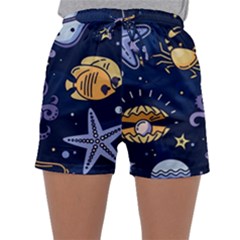 Marine Seamless Pattern Thin Line Memphis Style Sleepwear Shorts by Ket1n9
