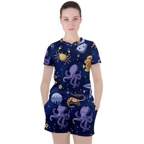 Marine Seamless Pattern Thin Line Memphis Style Women s T-shirt And Shorts Set by Ket1n9