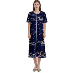 Hand Drawn Scratch Style Night-sky-with-moon-cloud Space Among-stars-seamless Pattern Vector Design Women s Cotton Short Sleeve Nightgown by Ket1n9