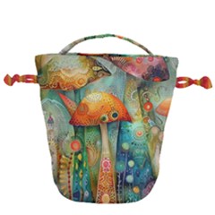 Whimsical Mushrooms Colorful Patterns Drawstring Bucket Bag by Loisa77