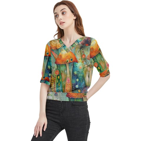 Whimsical Mushrooms Colorful Patterns Quarter Sleeve Blouse by Loisa77