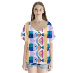 Illustrations Of Fish Texture Modulate Sea Pattern V-neck Flutter Sleeve Top by anzea