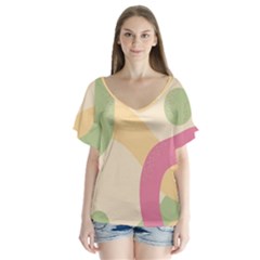 Line Pattern Dot V-neck Flutter Sleeve Top by anzea
