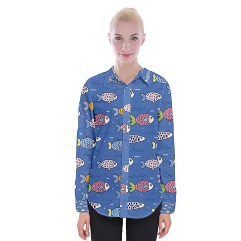 Sea Fish Blue Submarine Animal Womens Long Sleeve Shirt by Proyonanggan