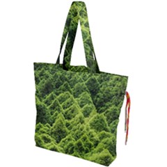 Green Pine Forest Drawstring Tote Bag by Ravend