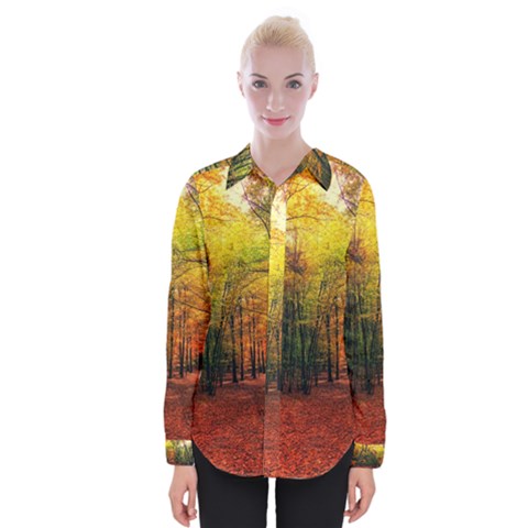 Forest Woods Autumn Nature Womens Long Sleeve Shirt by Proyonanggan