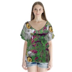Illustrations Color Cat Flower Abstract Textures V-neck Flutter Sleeve Top by anzea