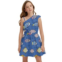 Sea Fish Blue Submarine Animals Kids  One Shoulder Party Dress by Loisa77