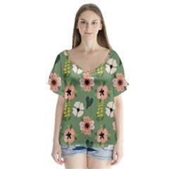 Flower Green Pink Pattern Floral V-neck Flutter Sleeve Top by anzea