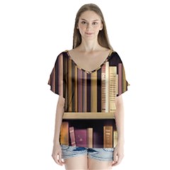 Books Bookshelves Office Fantasy Background Artwork Book Cover Apothecary Book Nook Literature Libra V-neck Flutter Sleeve Top by Posterlux