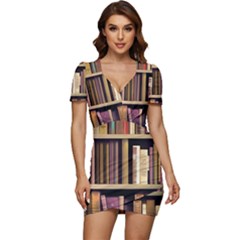 Books Bookshelves Office Fantasy Background Artwork Book Cover Apothecary Book Nook Literature Libra Low Cut Cap Sleeve Mini Dress by Posterlux