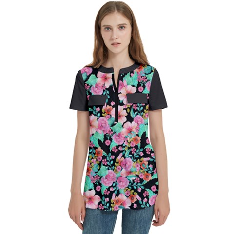 Flower Black Pink Women s Zip Front V-neck Short Sleeve Casual Top Pocket Shirt by flowerland
