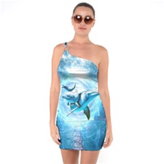 Dolphin Blue Sea Fantasy One Shoulder Ring Trim Bodycon Dress by Maspions