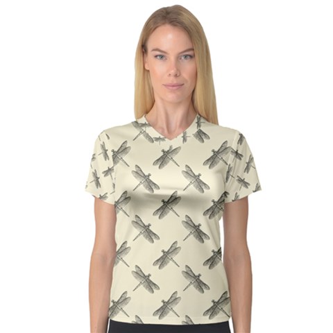 Dragonfy Insect Pattern V-neck Sport Mesh T-shirt by Maspions