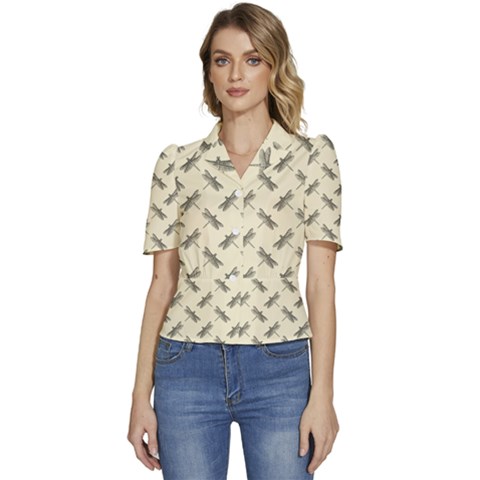 Dragonfy Insect Pattern Puffed Short Sleeve Button Up Jacket by Maspions