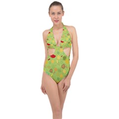 Art Fruits Pattern Halter Front Plunge Swimsuit by Maspions