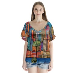 City New York Nyc Skyscraper Skyline Downtown Night Business Urban Travel Landmark Building Architec V-neck Flutter Sleeve Top by Posterlux