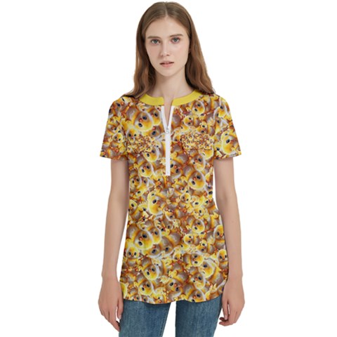 Whimsy Chickens Pattern (ai) Women s Zip Front V-neck Short Sleeve Casual Top Pocket Shirt by dflcprintsclothing