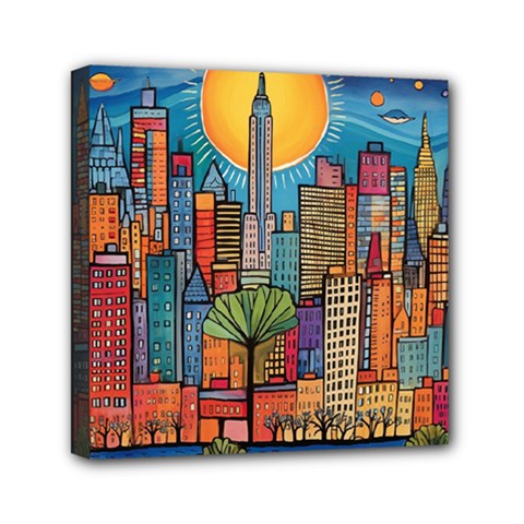 City New York Nyc Skyscraper Skyline Downtown Night Business Urban Travel Landmark Building Architec Mini Canvas 6  X 6  (stretched) by Posterlux