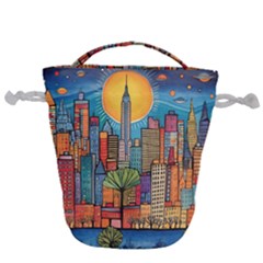 City New York Nyc Skyscraper Skyline Downtown Night Business Urban Travel Landmark Building Architec Drawstring Bucket Bag by Posterlux
