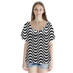 Black White Wave Pattern Wavy Water Seamless V-neck Flutter Sleeve Top by Posterlux