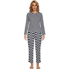 Black White Wave Pattern Wavy Water Seamless Womens  Long Sleeve Lightweight Pajamas Set by Posterlux