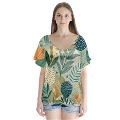Leaves Pattern Flora Nature V-neck Flutter Sleeve Top by Posterlux