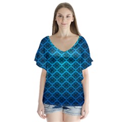 Pattern Texture Geometric Blue V-neck Flutter Sleeve Top by anzea