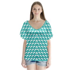 Background Pattern Colored V-neck Flutter Sleeve Top by anzea