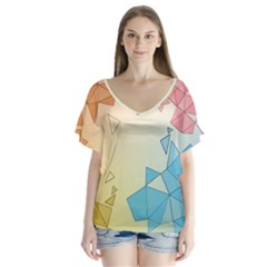 Background Pastel Geometric Lines V-neck Flutter Sleeve Top by anzea