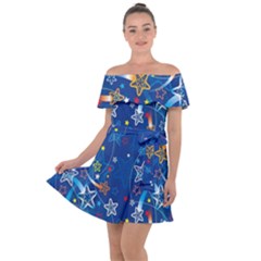 Christmas Stars Pattern Star Off Shoulder Velour Dress by Maspions