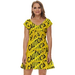 Caution Road Sign Cross Yellow Short Sleeve Tiered Mini Dress by anzea