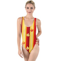 Autumn Fall Leaves Vertical High Leg Strappy Swimsuit by anzea