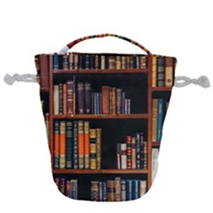 Assorted Title Of Books Piled In The Shelves Assorted Book Lot Inside The Wooden Shelf Drawstring Bucket Bag by Bedest