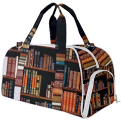 Assorted Title Of Books Piled In The Shelves Assorted Book Lot Inside The Wooden Shelf Burner Gym Duffle Bag by Bedest