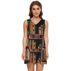 Assorted Title Of Books Piled In The Shelves Assorted Book Lot Inside The Wooden Shelf Tiered Sleeveless Mini Dress by Bedest