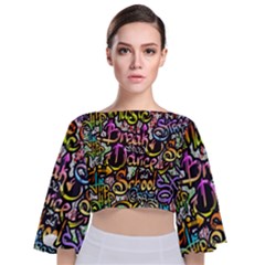 Graffiti Word Seamless Pattern Tie Back Butterfly Sleeve Chiffon Top by Bedest