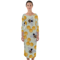 Bees Pattern Honey Bee Bug Honeycomb Honey Beehive Quarter Sleeve Midi Bodycon Dress by Bedest